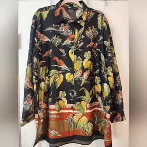 Zara Women's Black Tropical Bird Button-Up Shirt Hawaiian Large Floral Brights
